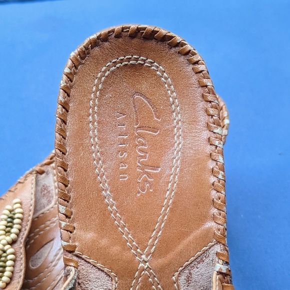 Clarks Artisan Beaded Leather Slip On Wedge 2.5in Heel Sandals Empress Tan Boho - Picture 7 of 13